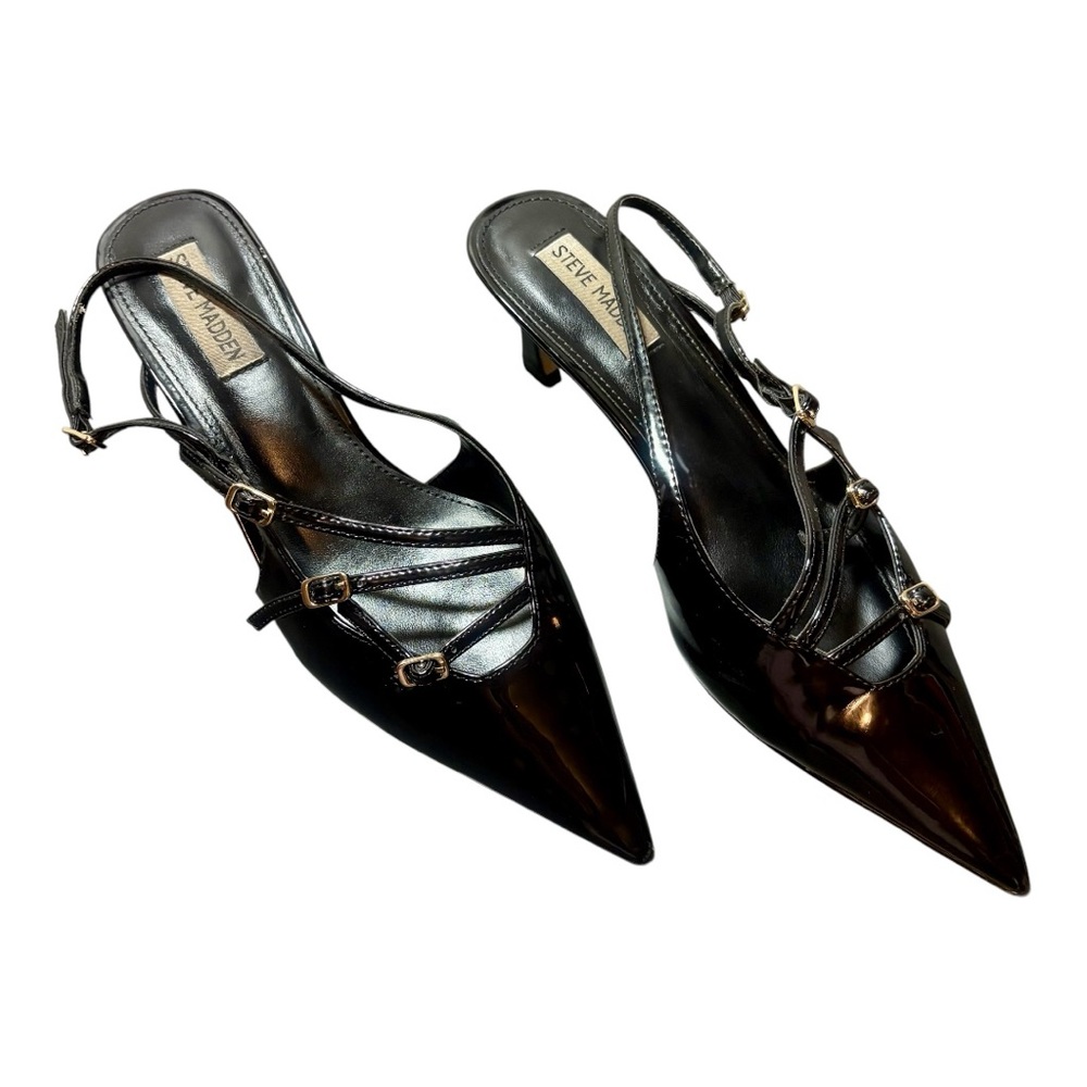 STEVE MADDEN Liana Black Patent Slingback Heels - Picture 2 of 11